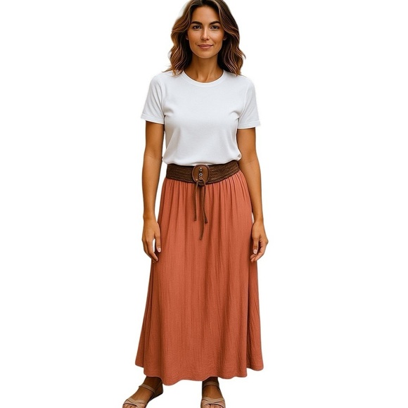 POETRY BOHO STYLE Drop Waist Rusty Orange Belted Maxi Skirt Women’s Size Large - Picture 6 of 13